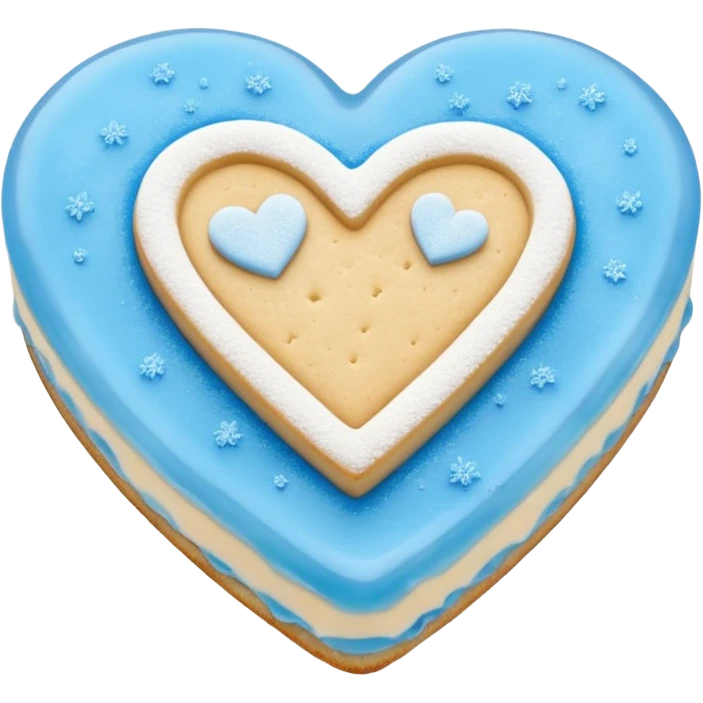 Realistic shortbread cookie in the shape of a heart with Carolina Blue color jelly middle filling and sprinkled powder sugar on top. emoji
