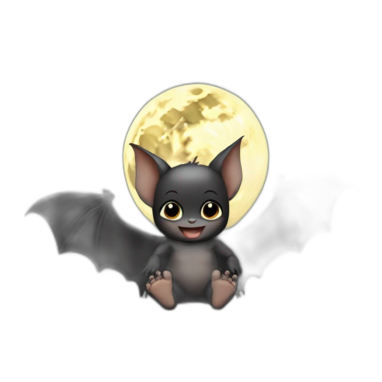 black happy baby bat wings sitting in front of moon holding feet emoji