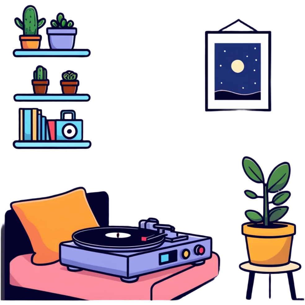 small bedroom with indie aesthetic, record player, art prints, potted plants, fairy lights, colorful pillows, vintage items emoji