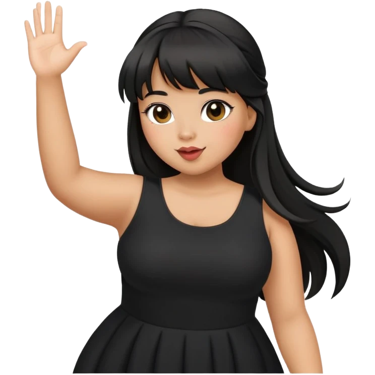 Latina girl with bangs black long hair in pony tail plus size black dress waving hand blowing kiss emoji