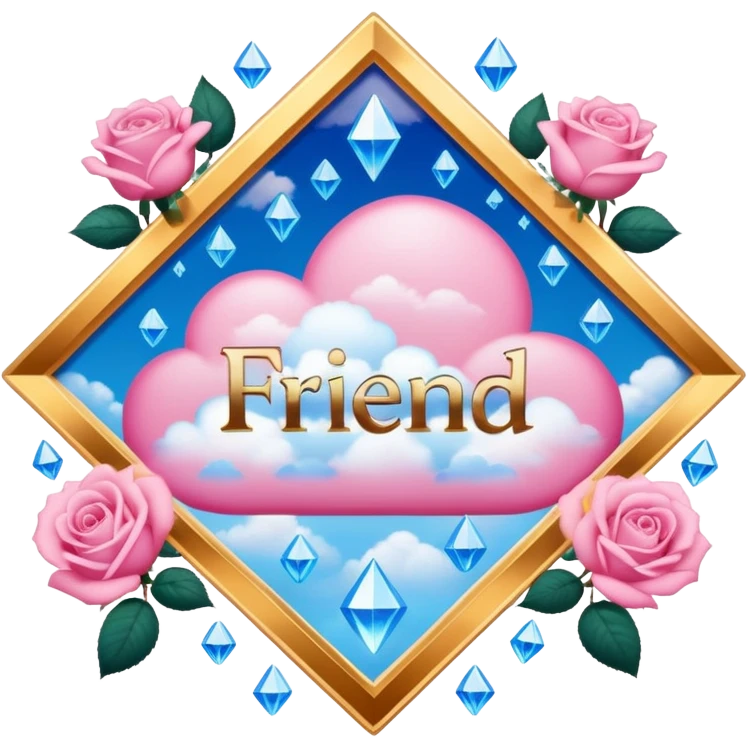 a heavenly pink and blue clouds covering diamonds with beautiful roses and petals and a text that says''Friend'' emoji