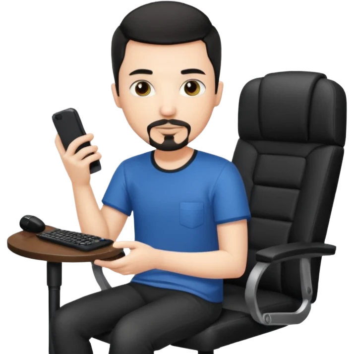 a setup of a youtuber, white skin, thin goatee, black short hair, with a desktop pc on a table, a gaming chair, microphone, no headset phone emoji