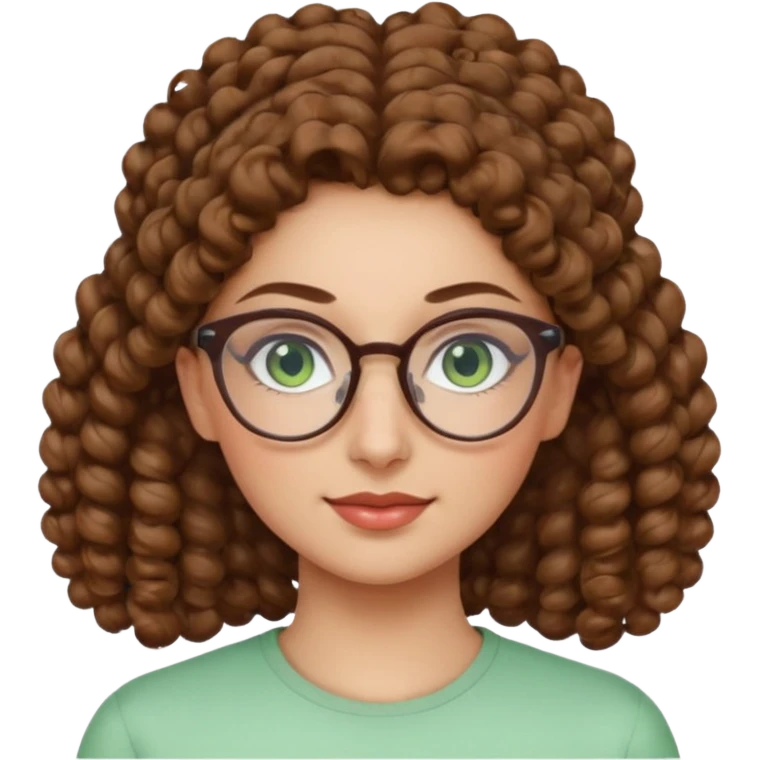 iranian woman, tight curly light brown hair in pony tail, glasses, green eyes, pretty, oval shape face emoji