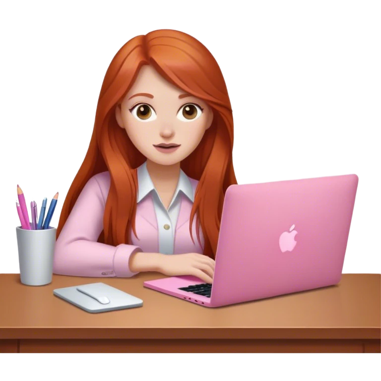 Long hair Redhead sat at desk with pink MacBook  emoji