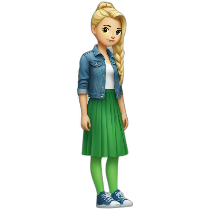Blonde girl with bang and pony tail, in blue denim jacket, white T-shirt, green tights and elongated blue chiffon skirt emoji