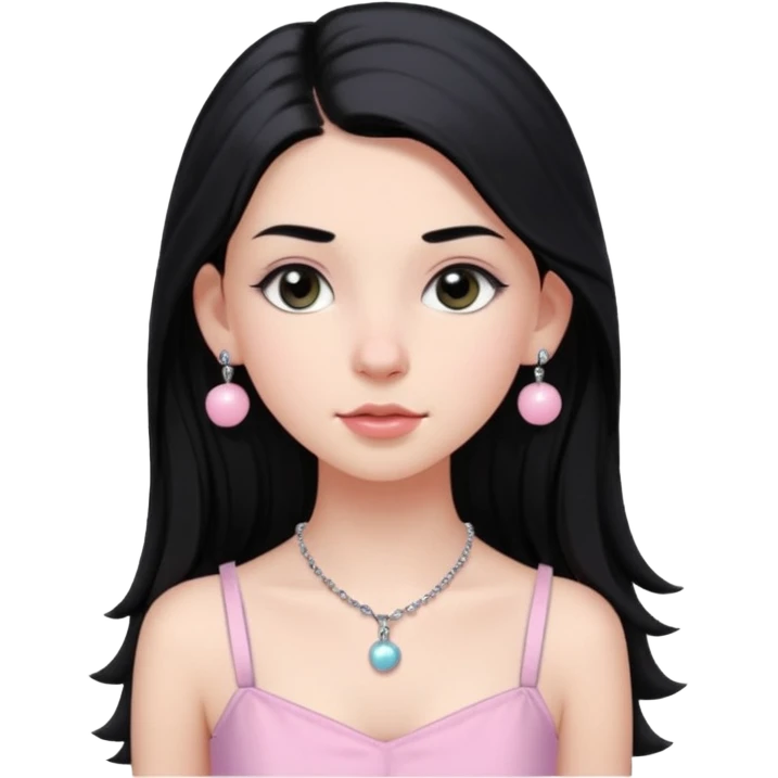 Menina branca ,cabelos longos cor preta , olhos cor preta puxados para cima. Cílios longos, lábios grossos ,nariz pequeno.vestido rosa claro de alça. Colar e brinco bolinha prata pequeno. Jovem de 16 anos  emoji
