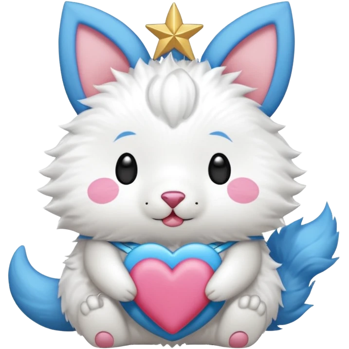 GENERATE ME A MOMONGA WHITE ANIMAL  FROM CHIIKAWA AND PUT A SAKURA FLOWER ON HIS HEAD AND A STAR PELT ON HIS BELLY AND A HEART PURSE ON HIS ARM WITH HIS FACE MAKE HIS TOUNGE STICK OUT WITH A LITTLEPINCH OFDROOL AND MAKE HIM ANIME STYLED ART GIVE HIM A BIG BLUE FLUFFY TAIL emoji