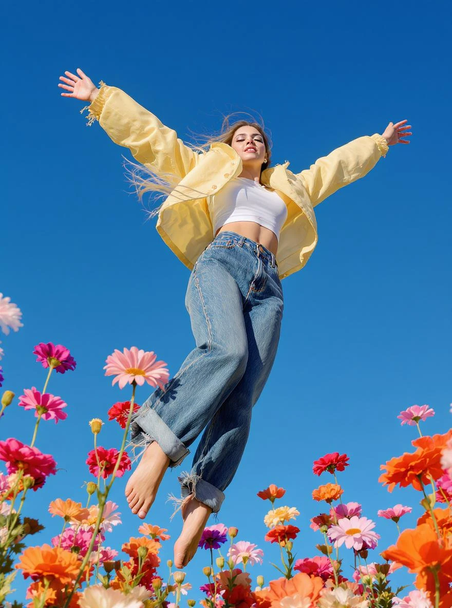 Closeup photo of a woman flying around colorfull flowers wearing alternative fashion, blue sky minimalistic background emoji