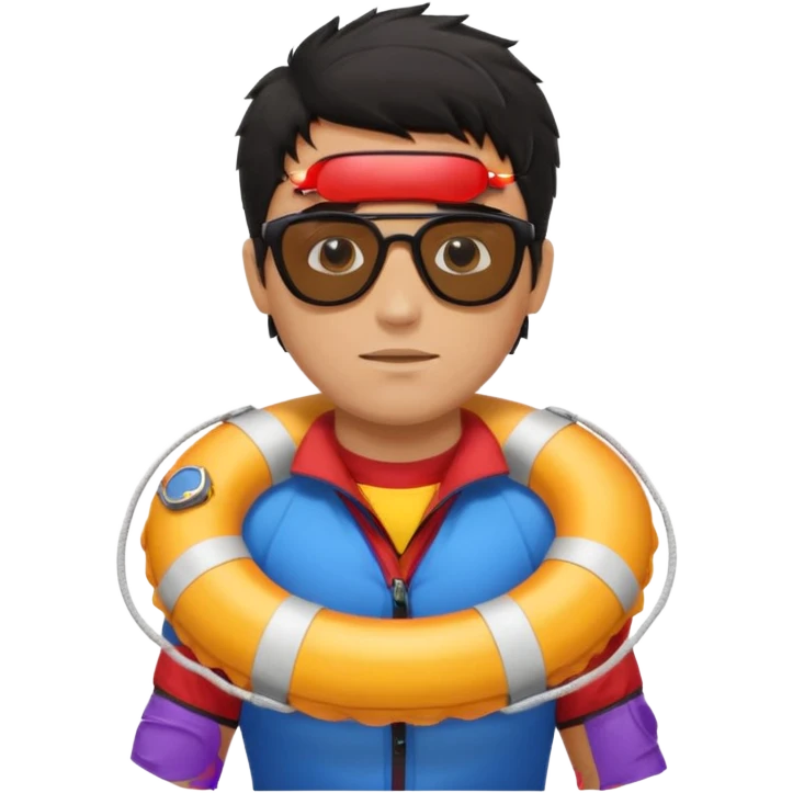 Dark Tan Muscular lifeguard with messy black hair with sunglasses, with life preserver emoji