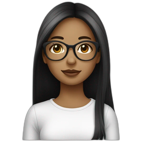 une fille avec de long cheveux noir lisse, la peau blanche ,et avec des lunette (en forme de carrer un peu déformé) assez grosse comparer a ça tête , portant un pull noir emoji