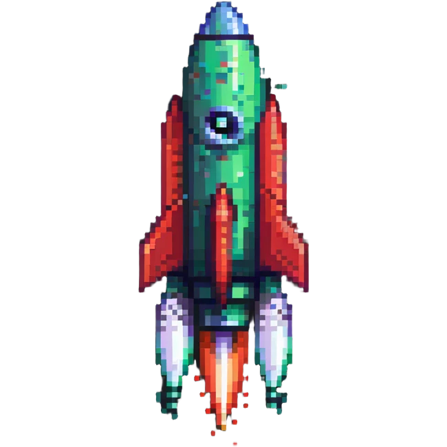 sleek pixel art rocket with green to red gradient, shooting diagonally to the upper right corner emoji