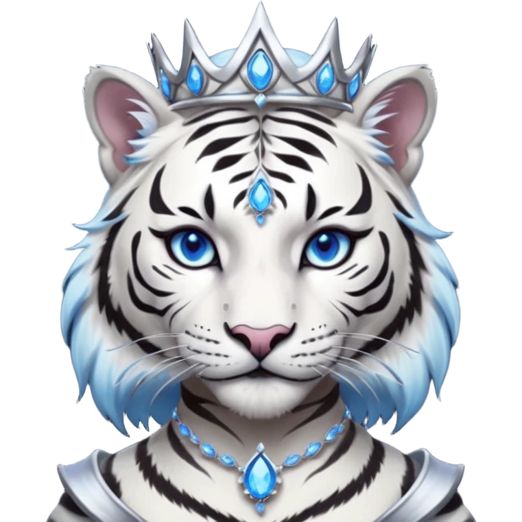 ESO Female white/black tiger khajiit leader of the umbral rose, glowing blue eyes, glowing blue 'third eye' gem; shadow umbral gem silver tiara emoji