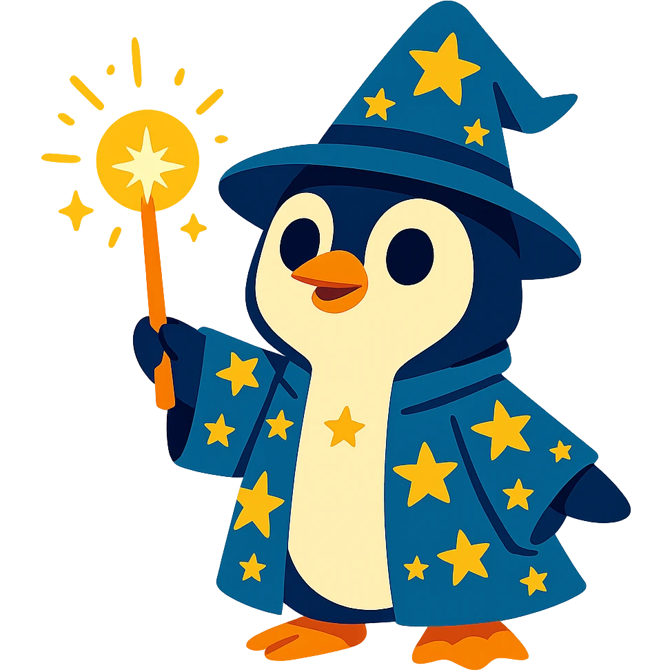 a cute penguin wizard holding a glowing wand, wearing a starry robe and hat emoji