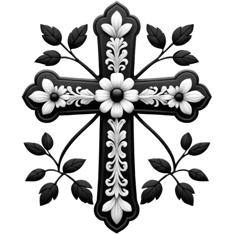 a black and white detailed cross with black and white flowers over the top emoji