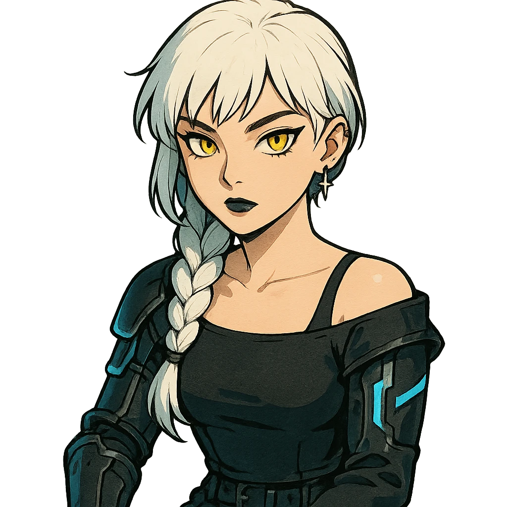  she is wearing armor, maximum power , except instead she's giving a victory salute, [[[except it's a black cat typing at a laptop]]], a closeup portrait of young woman with gold yellow eyes, white hair, long braid, black off-shoulder top d-cup, punk gothic style, futuristic cyberwave cyberpunk, sitting position
 emoji