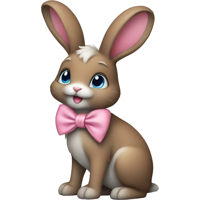 cute brown bunny with pink bow, one leg white, other gray, blue eyes emoji