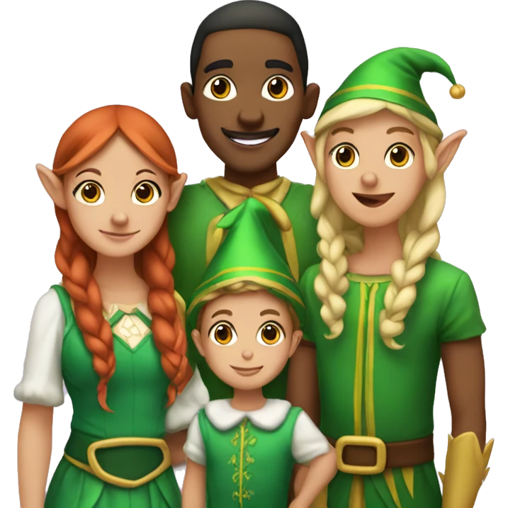 Family of 5 with 2 bothers and a baby girl dressed as elves emoji
