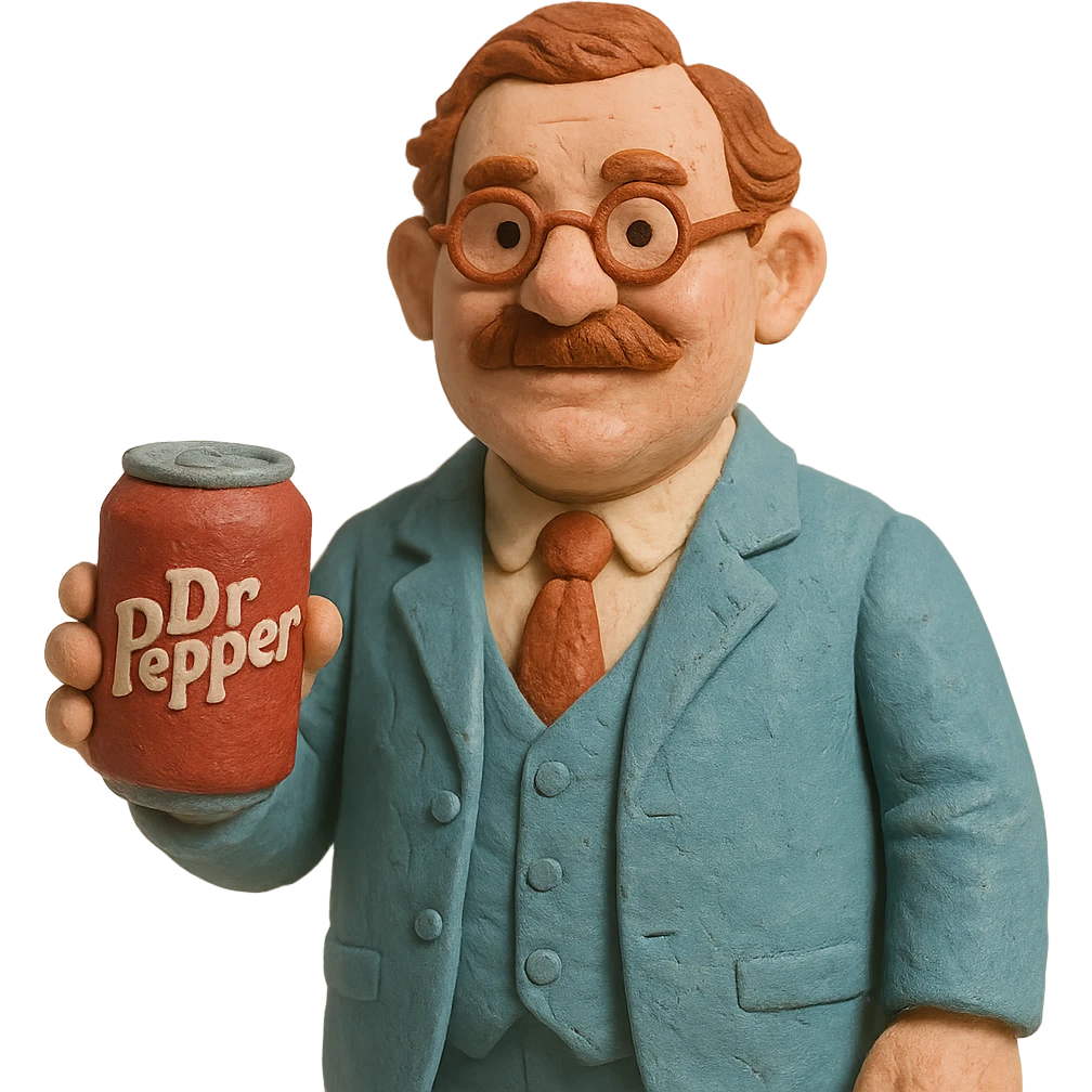 Charles Alderton holding a Dr Pepper in claymation style emoji