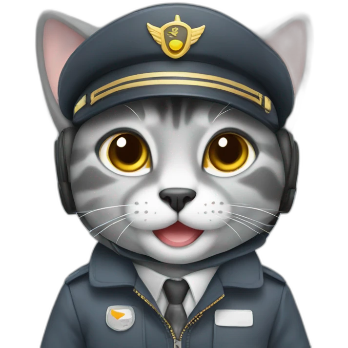 Cute grey happy cat pilot flying an airplane emoji