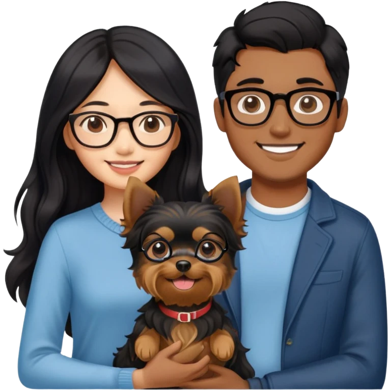 “An Asian girl with long, wavy black hair flowing freely stands beside her smiling boyfriend—a brown-skinned man with a middle part hairstyle and glasses. They are holding a small Yorkshire Terrier together.” emoji