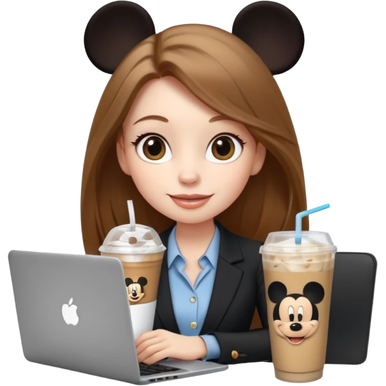 Women in front of laptop has a Mickey sticker, with a happy face, face a little fuller, long light brown hair, light brown big eyes, light pale skin with a iced coffee on the side, business attire emoji