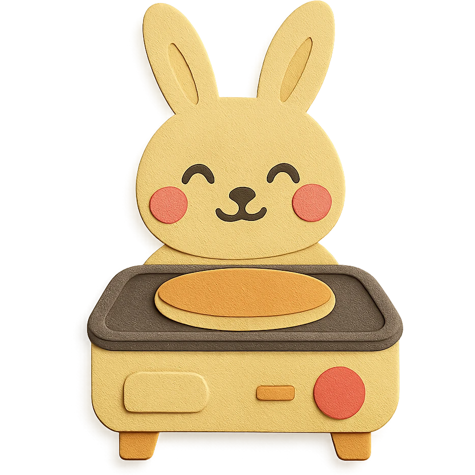 rabbit-shaped electric grill cooking a pancake, blushing joyfully, pastel yellow, full-body emoji