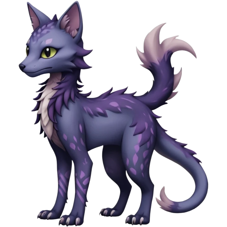 Kawaii dark edgy gloomy dusky dull-colored fantasy ethereal feline-vernid-sergal-fursona animal creature with a tufted tail full body with intricate markings  emoji