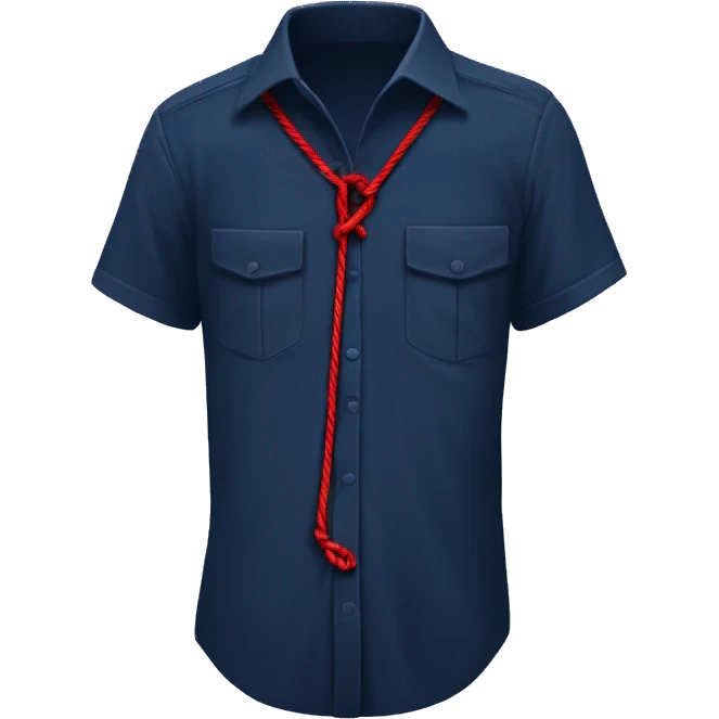 navy blue shirt with a red string crassed like a cris cross going down from the muddle kneck area and left dangling with the left side longer than the right emoji