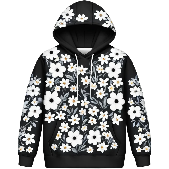 The BLACK Denim Tears Hoodie features a black base with medium-sized black and white flowers. Each flower has a white outer ring with an open, hollow center, giving it a bold and distinctive look. These ring-like floral patterns are scattered across the hoodie, covering the front, sleeves, and hood for a balanced yet eye-catching design. emoji