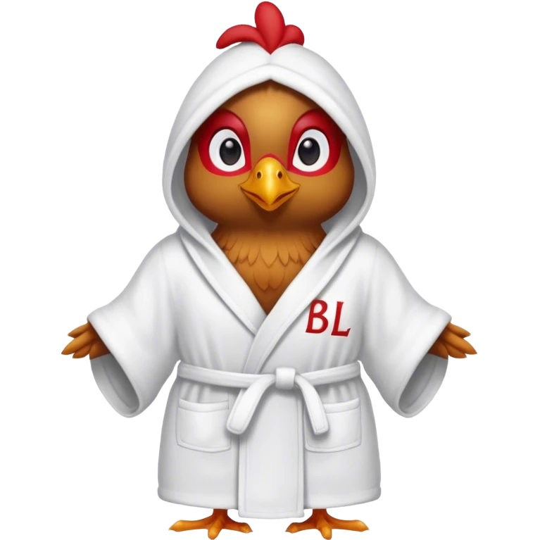 Chicken wearing a bath robe with low red eyes. Robe has letters BLM on it.  emoji