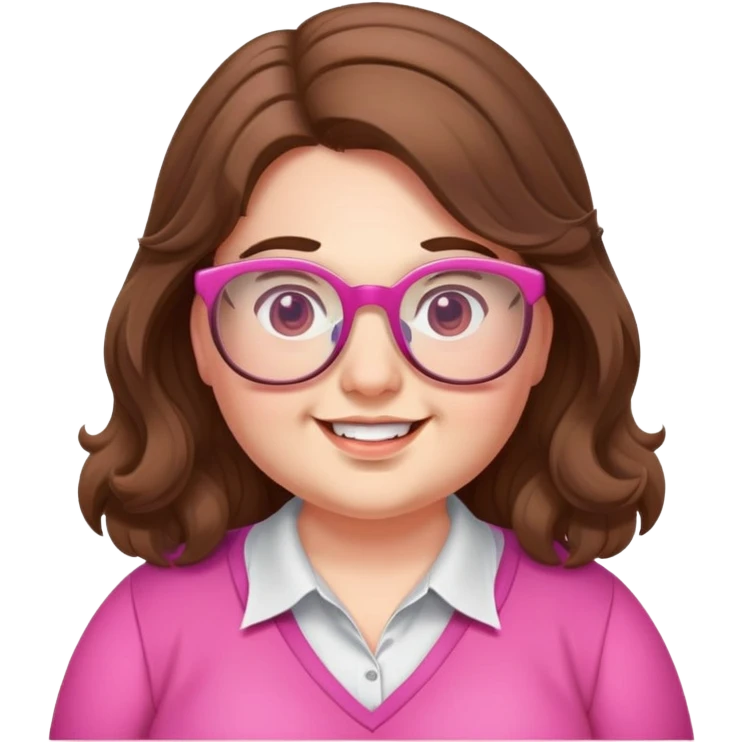 chubby English teacher face, wavy long brown hair, pink glasses, happy, gamer, for online classes emoji