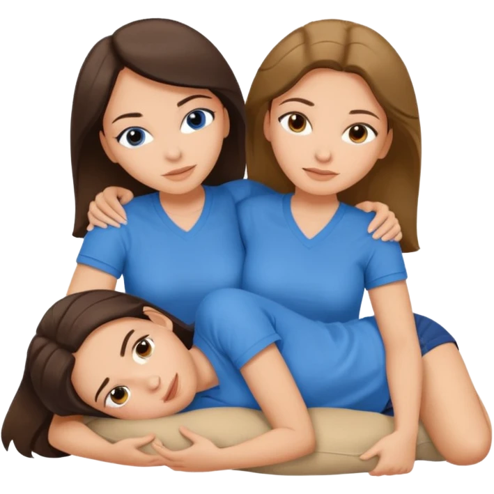 two white brunette women lying down full body on top of each other wrapped around each other one wearing a blue shirt emoji