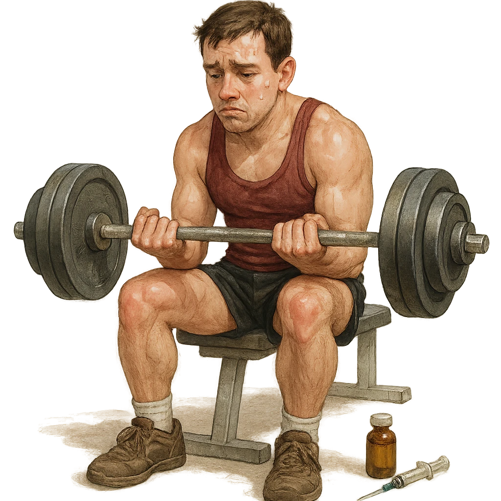 beginner bodybuilder training with weights too heavy, tired and doubtful look, syringe and bottle near feet, realistic details, isolated on white background emoji