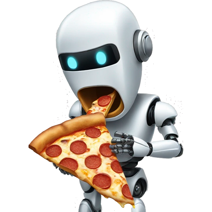 A robot eating a slice of pizza with oil dripping from its mouth. emoji