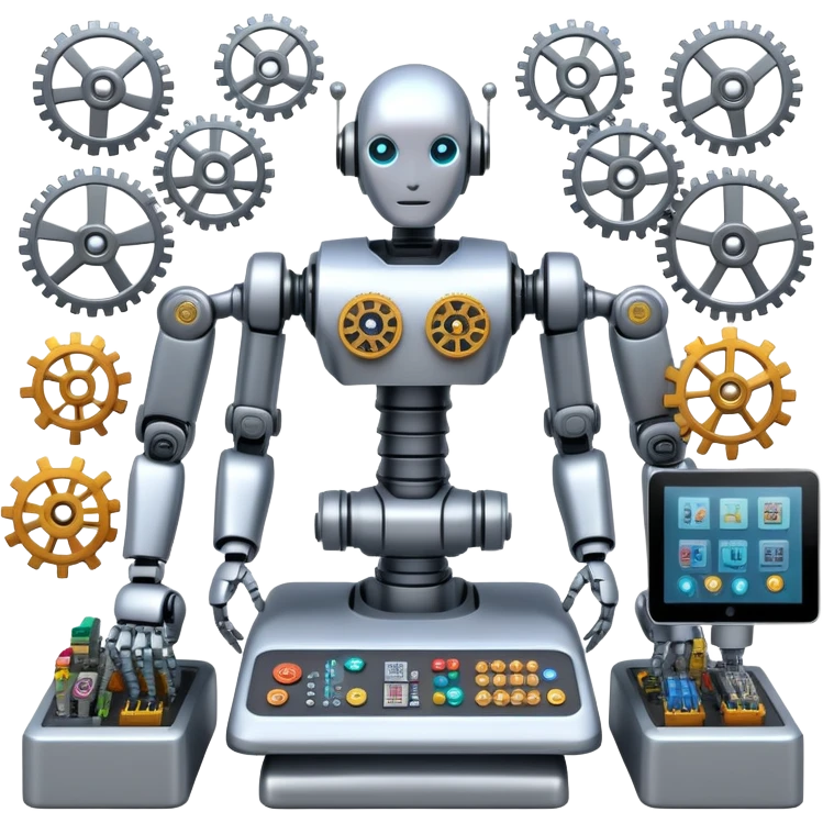 An icon featuring a humanoid robot assembling parts with robotic arms, surrounded by gears, circuit boards, and sensors, symbolizing robotics. The design includes a control panel and AI interface, representing automation, engineering, and innovation. Transparent background. emoji