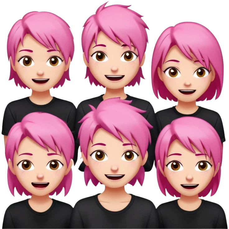 twitch emote set of a pin up smiling girl sticker of the head and shoulders of a beautiful russian pink HAIR woman, wearing casual clothes, thin lips, small smile, featuring various expressions on each face: happy, sad, excited, fell in love, angry, rage, laughing, crying, fustrated. White background, thick black outer stroke on white background, vector art style, cartoon, flat design, 2D, simple, hyper-realistic, high resolution, high details, high contrast, white colors, sticker thick black contour, soft expression emoji