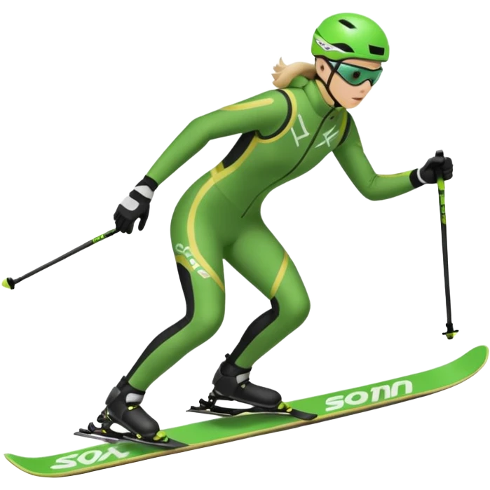 Xc ski racer in green and black clothing. Full body, skate skiing uphill emoji