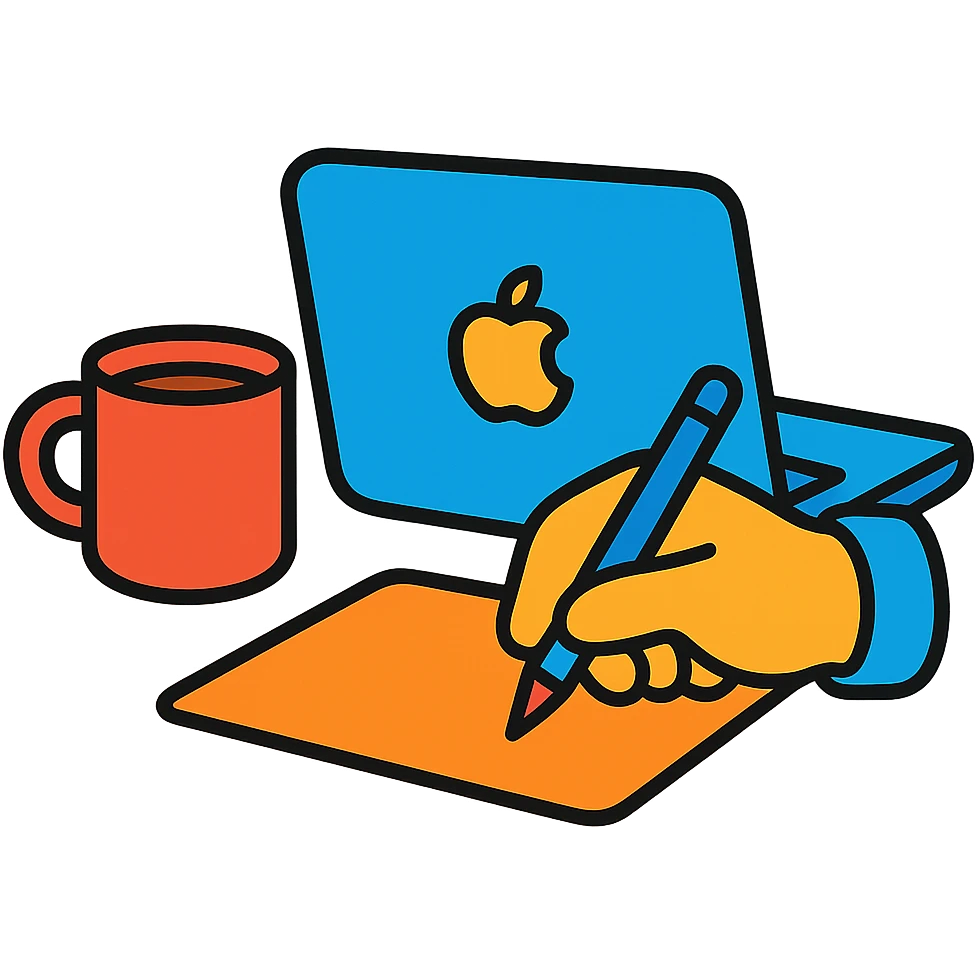 Playful cartoon style illustration of a MacBook, coffee mug, and writing hand, bright and cheerful. emoji
