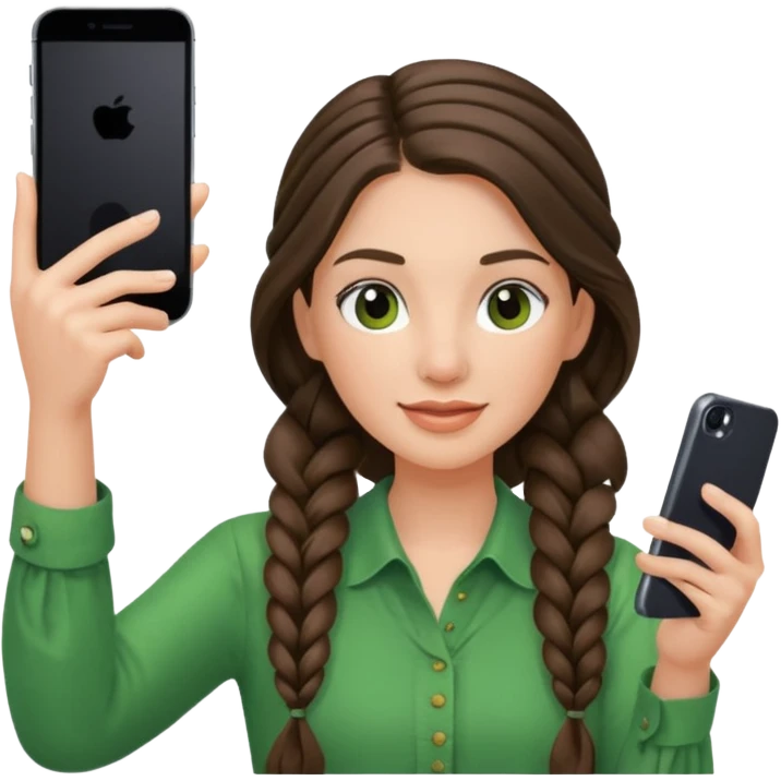 brunette long braided haired woman with green blouse holding her phone having selfie emoji