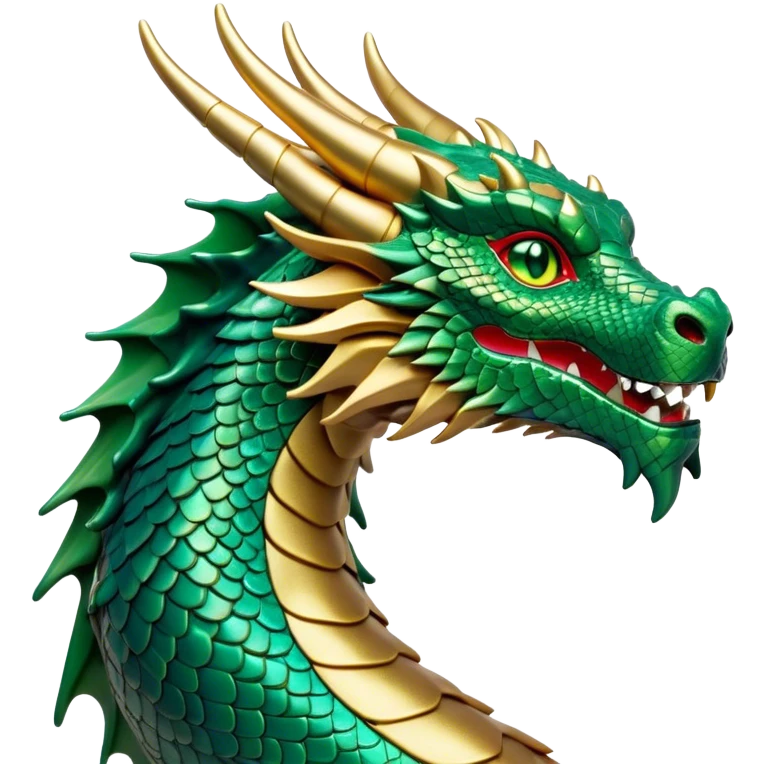 Cinematic Noble Dragon Portrait Emoji, Poised and majestic, with a sinuous, elongated body covered in intricately detailed, shimmering scales in hues of emerald and gold, and piercing, fiery eyes that reflect ancient wisdom; rendered with lifelike texture and natural highlights, high shine, intelligent and formidable, styled with an aura of mythic power, focused and attentive, soft glowing outline, capturing the essence of a legendary dragon that appears ready to soar out of the screen with timeless authority! emoji