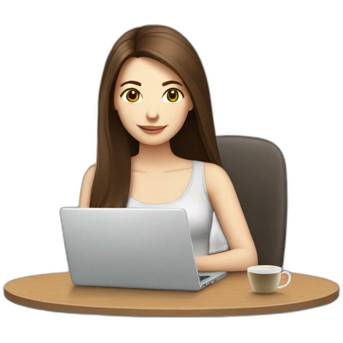 woman with long straight brown hair and pale skin using a laptop as a saucer for a coffee mug emoji