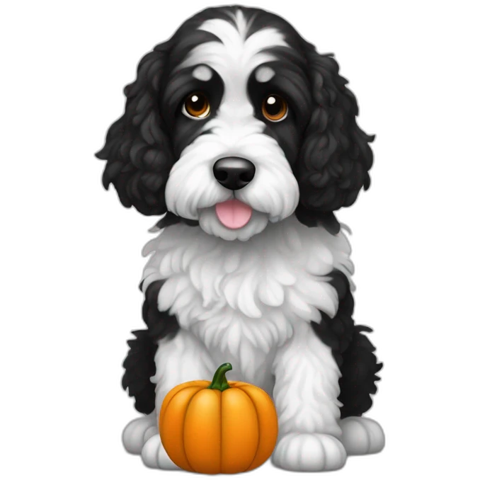 black and white doodle cockapoo with a pumpkin emoji