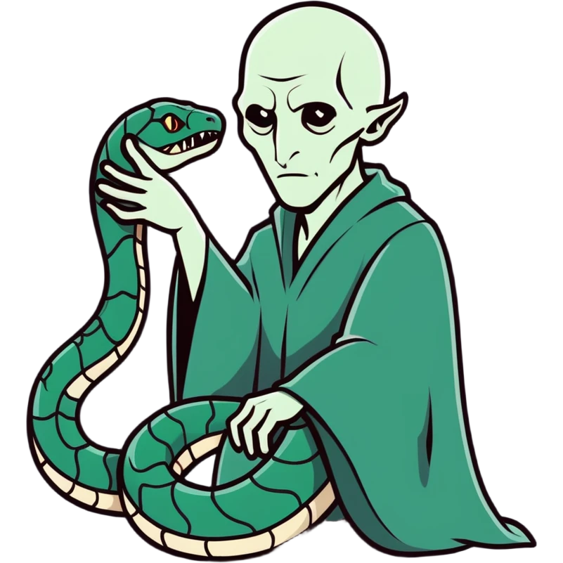 cartoon style Voldemort, with Nagini the snake, dramatic pose, dark background emoji