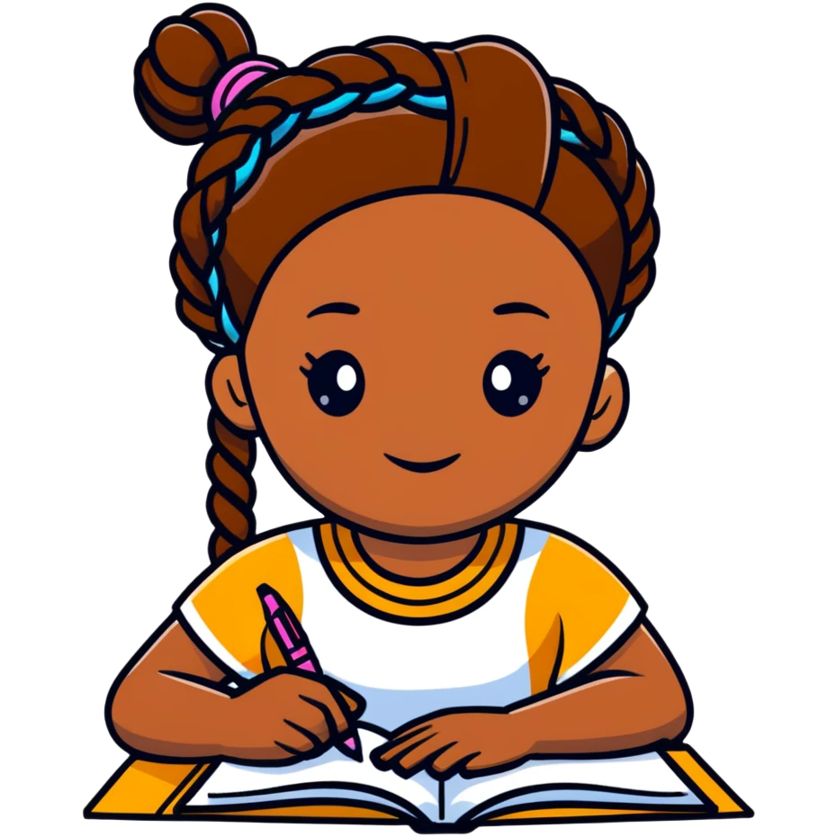 African girl student with brown skin and braided hair writing with book and pen emoji