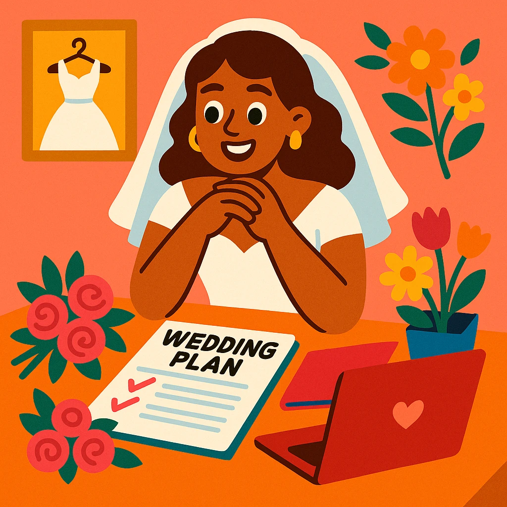 happy bride sitting at a table surrounded by wedding planning materials like a notebook, flowers, and a laptop, looking excited and focused, warm inviting style emoji