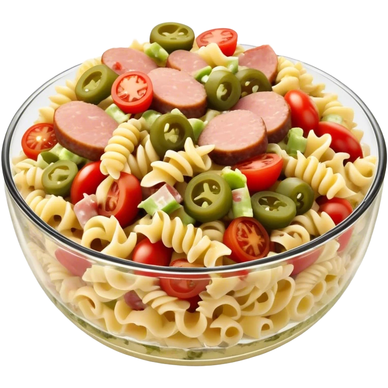 Fusilli pasta salad with chopped pork sausage, chopped gherkins, chopped cocktail tomatoes and mayonnaise emoji