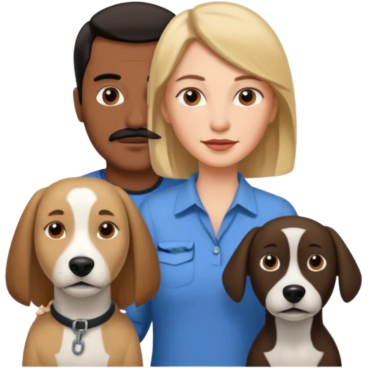 Quiero a una mujer blanca  con el pelo por el hombro lacio castaño claro con un hombre morochito con el pelo negro y bigote, y un perro blanco tipo perro cabeza de martillo emoji