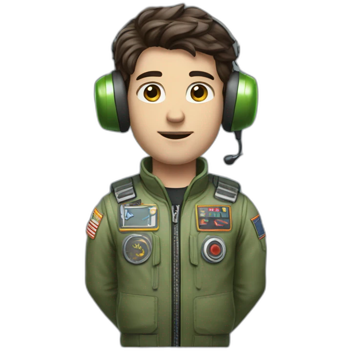 A young white male tennager with dark brown hair and brown eyes in a pilot suit and wearing a green Pilot headset emoji