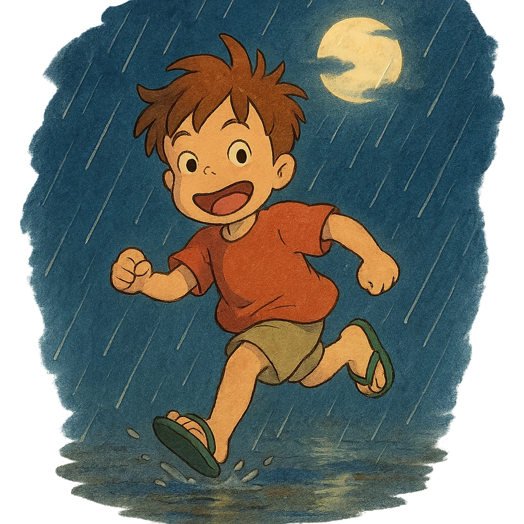 ghibli style criança sapeca de chinelos, noite chuvosa iluminada pela lua emoji