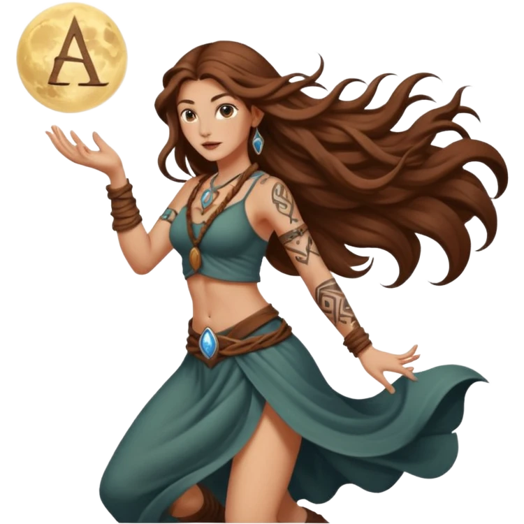 moon druid woman long wavy brown hair tattoos pulling rune card from air emoji